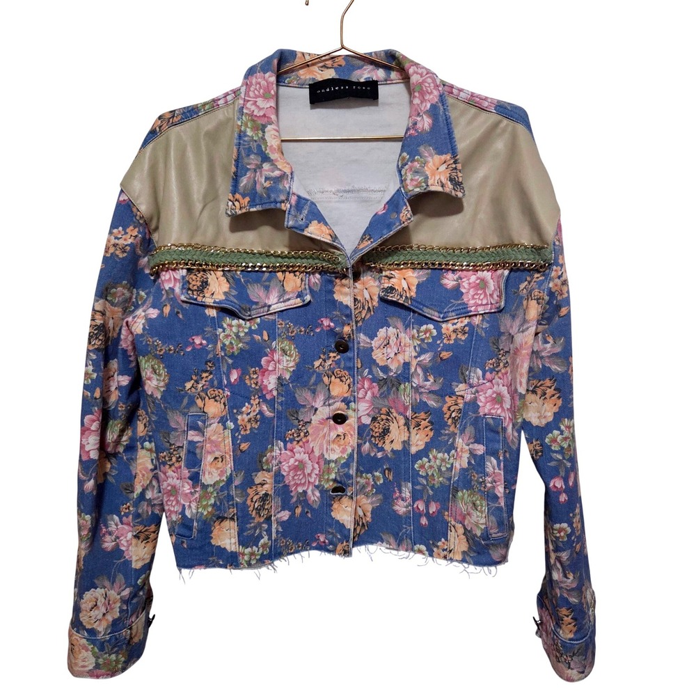 Endless Rose Floral Denim Jacket Beige Leather Trim Chain‎ Detail